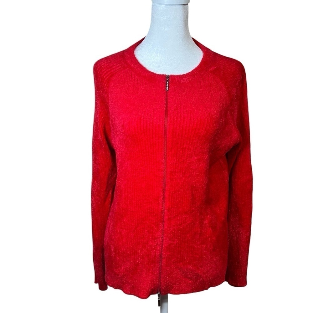 VTG C.B. Collections Red Chenille Cardigan Sweater Soft Full Zip Womens Sz Large